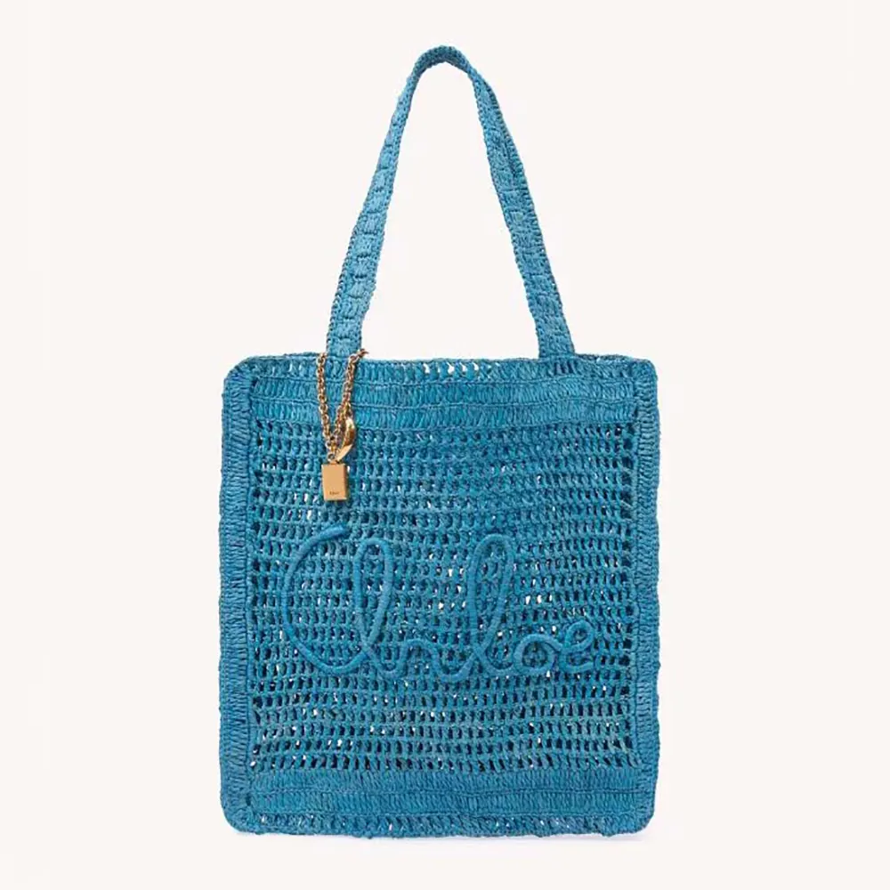 Chloe Women Summer Banana Tote Bag In Raffia-Blue