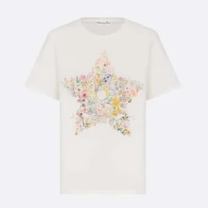 Dior Women T-Shirt White Cotton and Linen Jersey with Multicolor Dior Star Motif