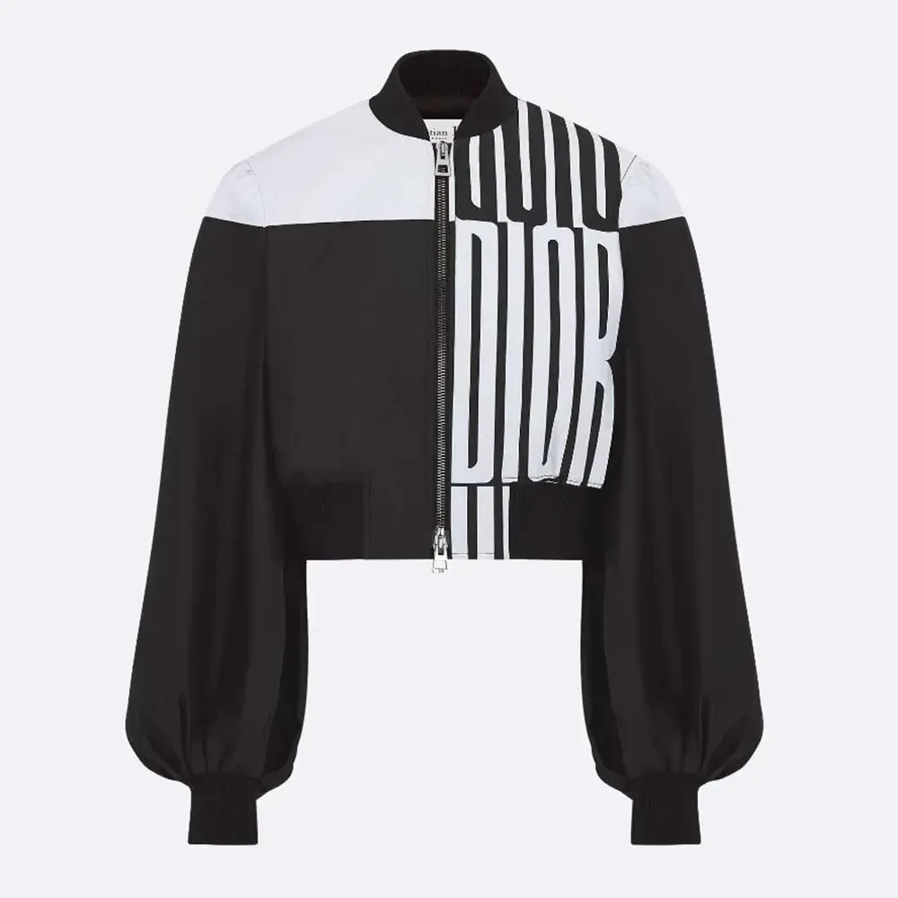 Dior Women Cropped Bomber Jacket with Bishop Sleeves Black and White Jacquard