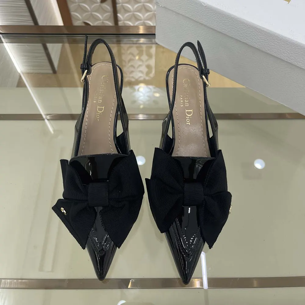 Dior Women Diorissimo Slingback Pump Black Patent Calfskin and Grosgrain