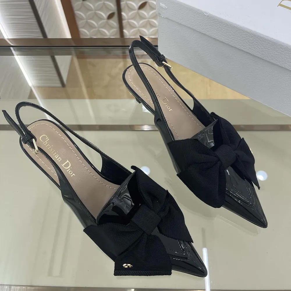 Dior Women Diorissimo Slingback Pump Black Patent Calfskin and Grosgrain
