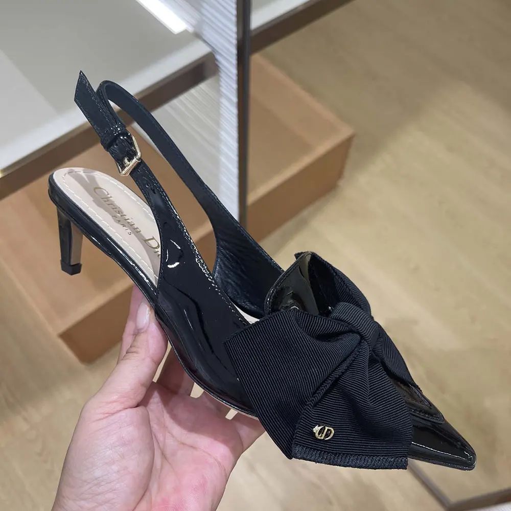 Dior Women Diorissimo Slingback Pump Black Patent Calfskin and Grosgrain