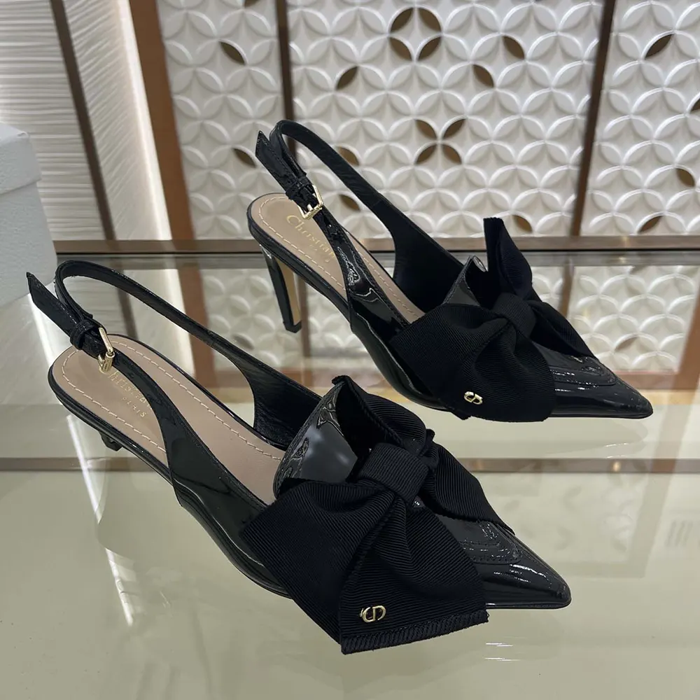 Dior Women Diorissimo Slingback Pump Black Patent Calfskin and Grosgrain
