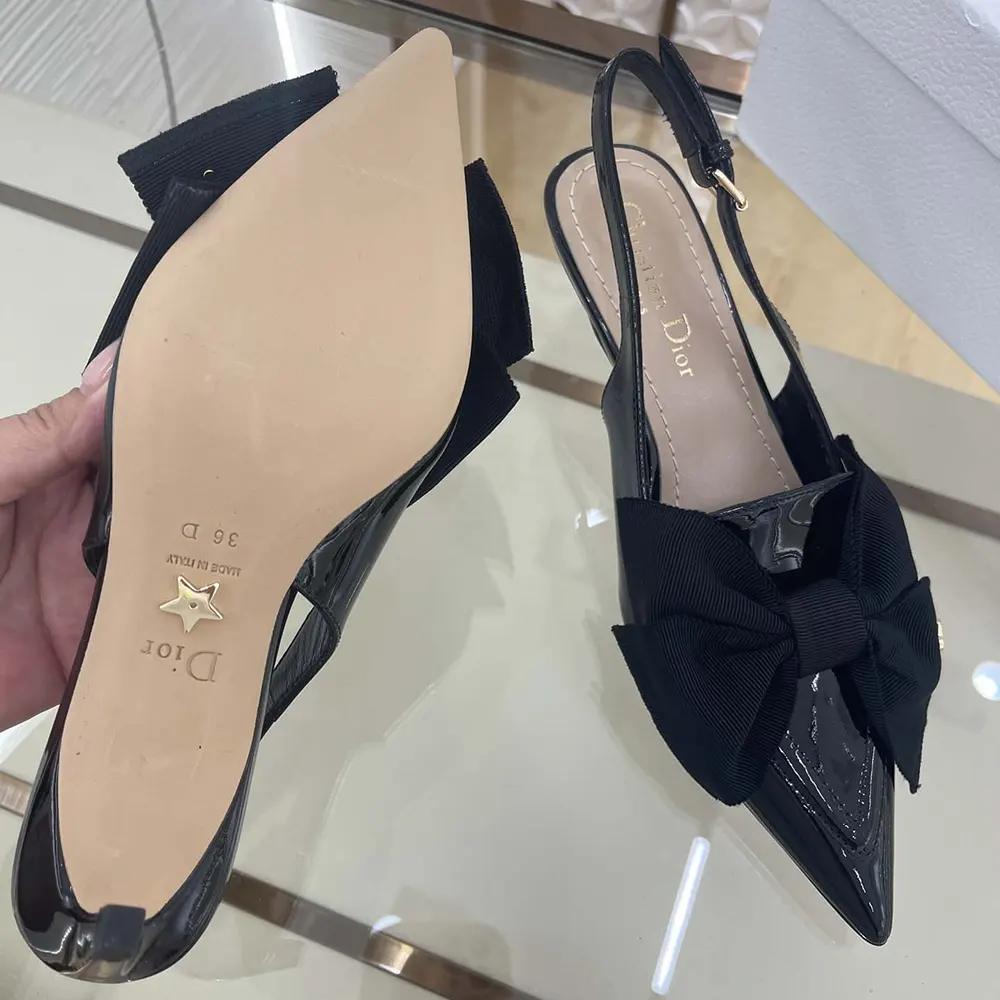 Dior Women Diorissimo Slingback Pump Black Patent Calfskin and Grosgrain
