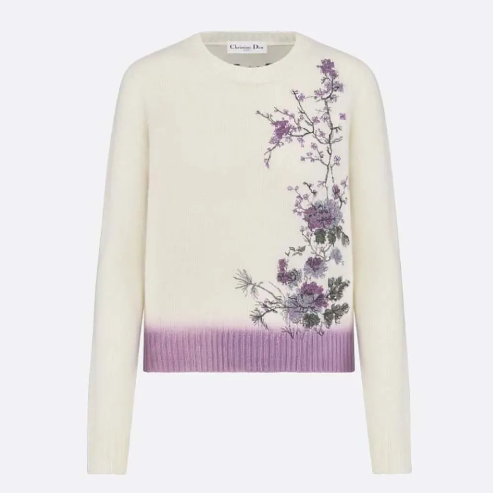 Dior Women Embroidered Sweater White Cashmere Knit with Multicolor Dior Pivoine Motif