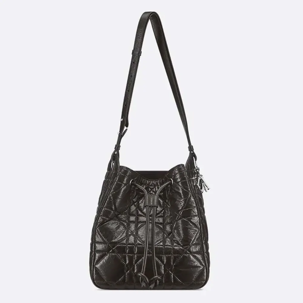 Dior Women Medium D-Motion Bag Black Macrocannage Crinkled Calfskin