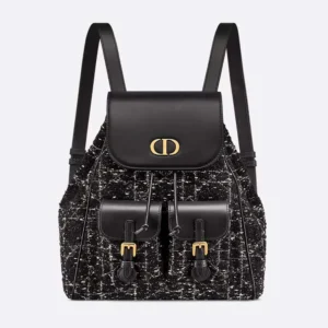 Dior Women Medium Dior Caro Backpack Black Tweed with White Cannage Motif