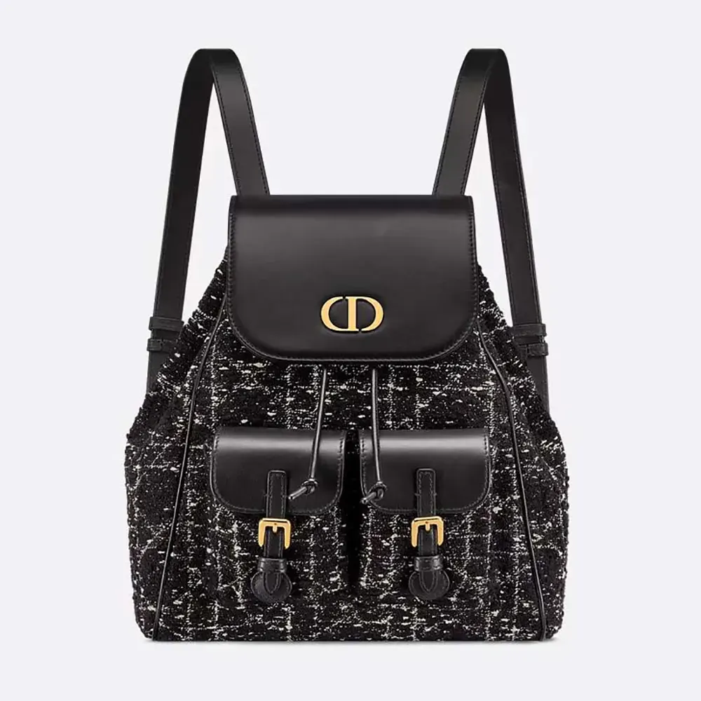 Dior Women Medium Dior Caro Backpack Black Tweed with White Cannage Motif