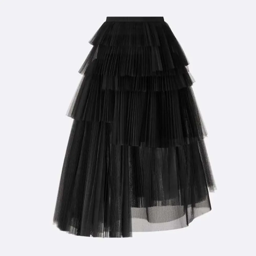 Dior Women Mid-Length Asymmetric Pleated Skirt Black Tulle