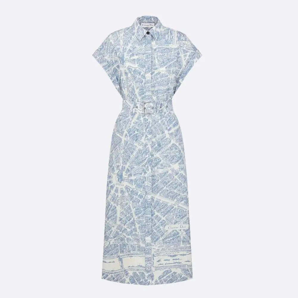 Dior Women Mid-Length Belted Shirtdress White and Chambray Blue Cotton and Silk Poplin