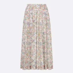 Dior Women Mid-Length Flared Skirt Cotton Muslin with Multicolor Dior Flowers Calendar Allover Motif