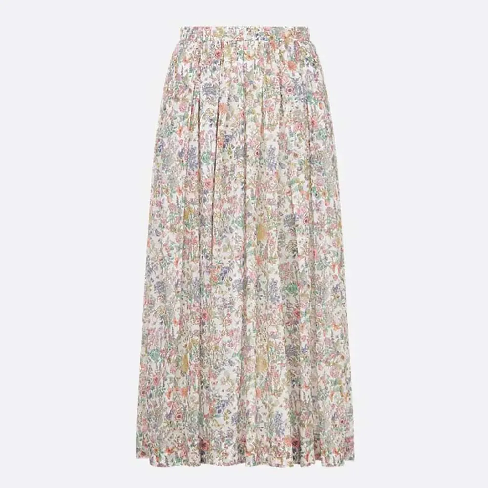 Dior Women Mid-Length Flared Skirt Cotton Muslin with Multicolor Dior Flowers Calendar Allover Motif
