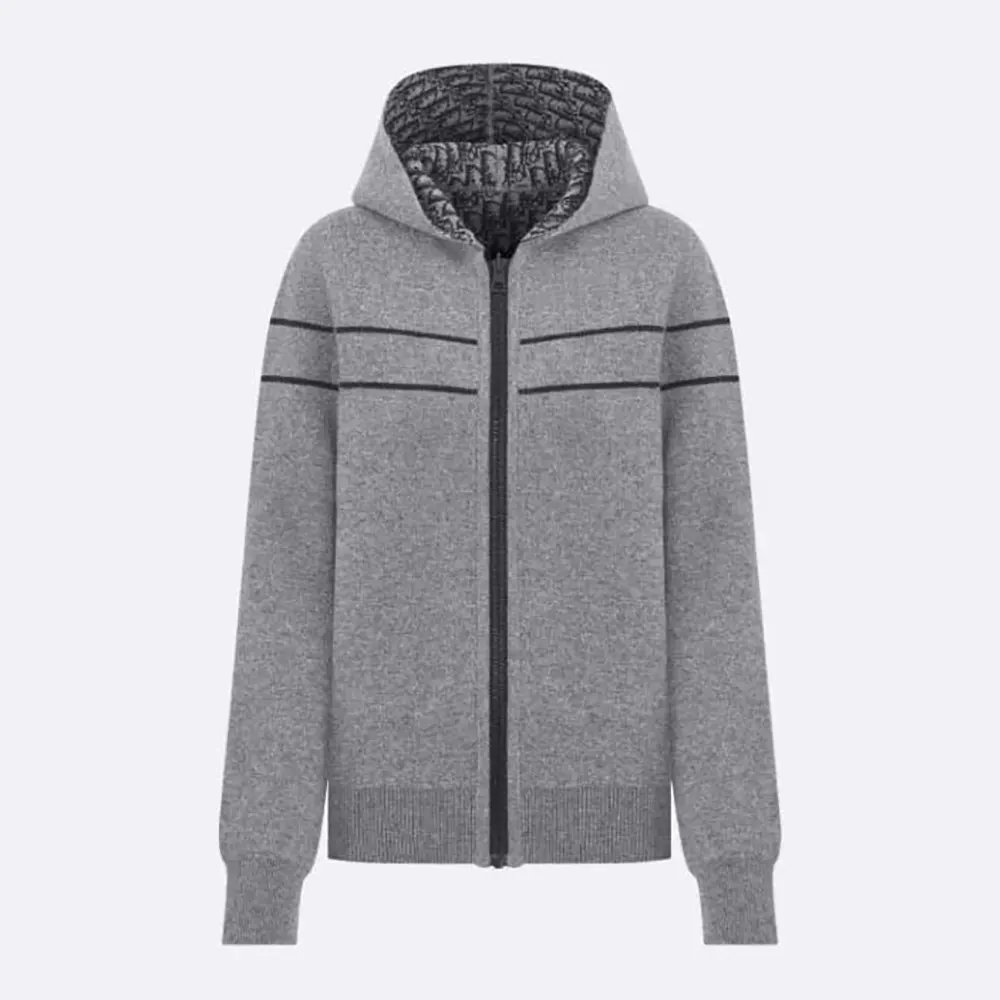 Reversible Hooded Cardigan Gray Cashmere-Blend Knit with Dior Oblique Motif