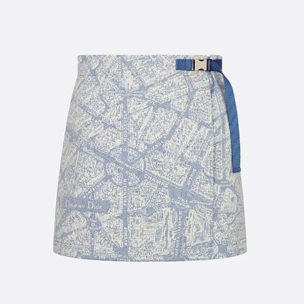 Dior Women Skort White and Chambray Blue Jacquard Technical Taffeta with Plan de Paris Motif