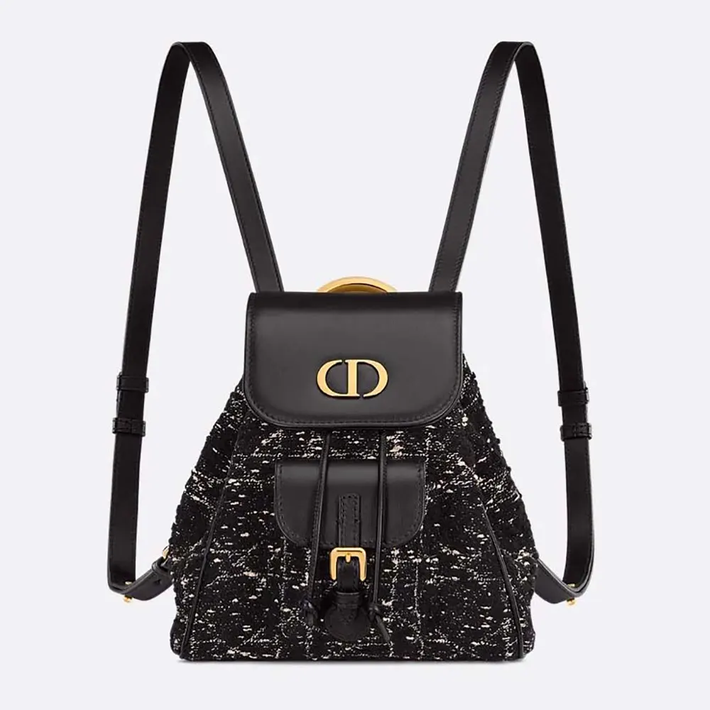 Dior Women Small Dior Caro Backpack Black Tweed with White Cannage Motif