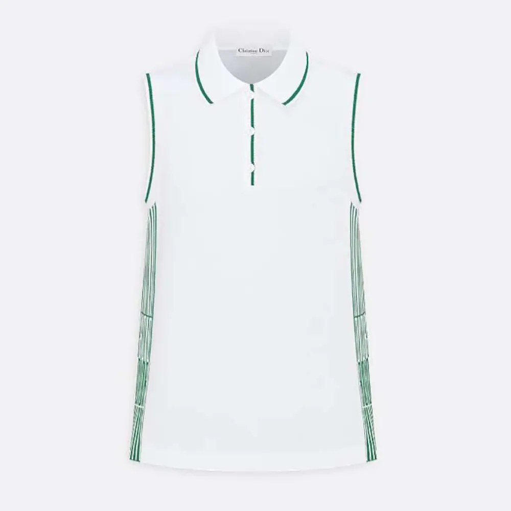 Dior Women Vibe Sleeveless Polo Shirt White Cotton Jersey with Pine Green Dior Graphique Motif