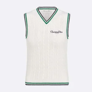 Vibe Sweater Vest Ecru Black and Pine Green Cotton and Silk Cable Knit