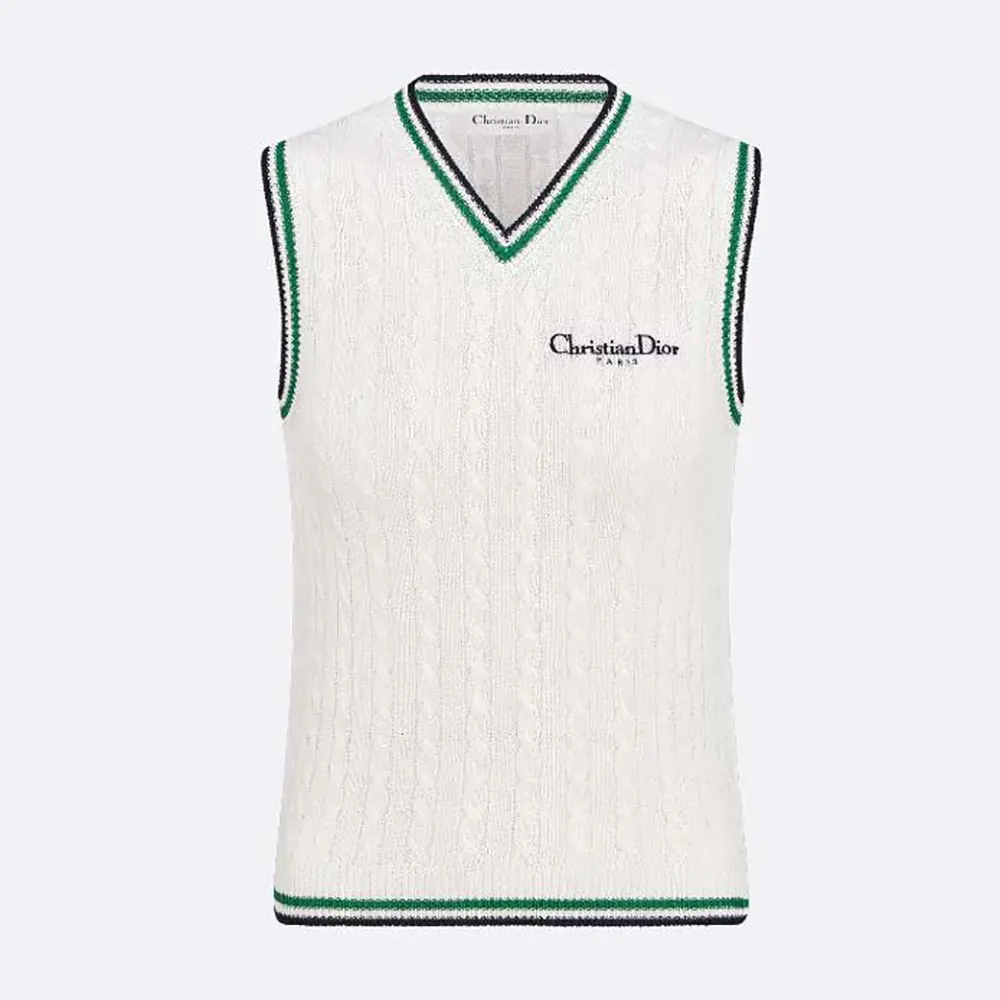 Vibe Sweater Vest Ecru Black and Pine Green Cotton and Silk Cable Knit