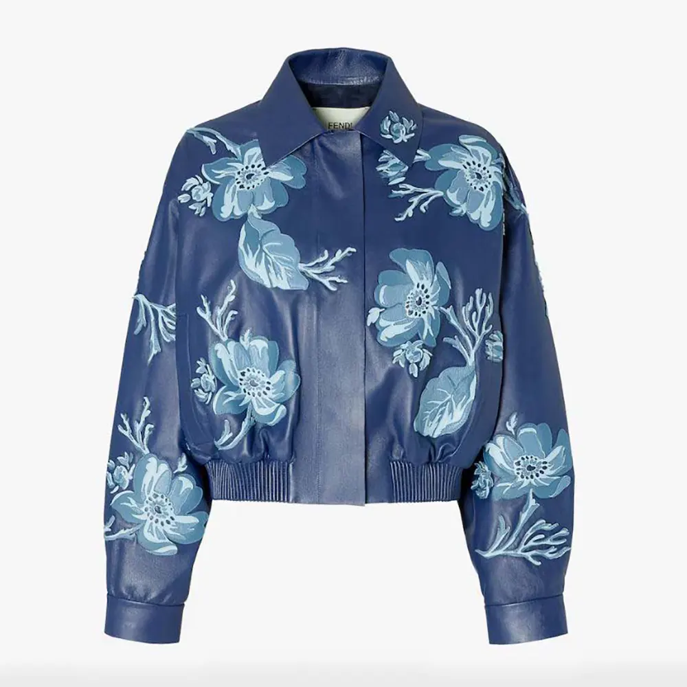 Fendi Women Blue Leather Bomber Jacket