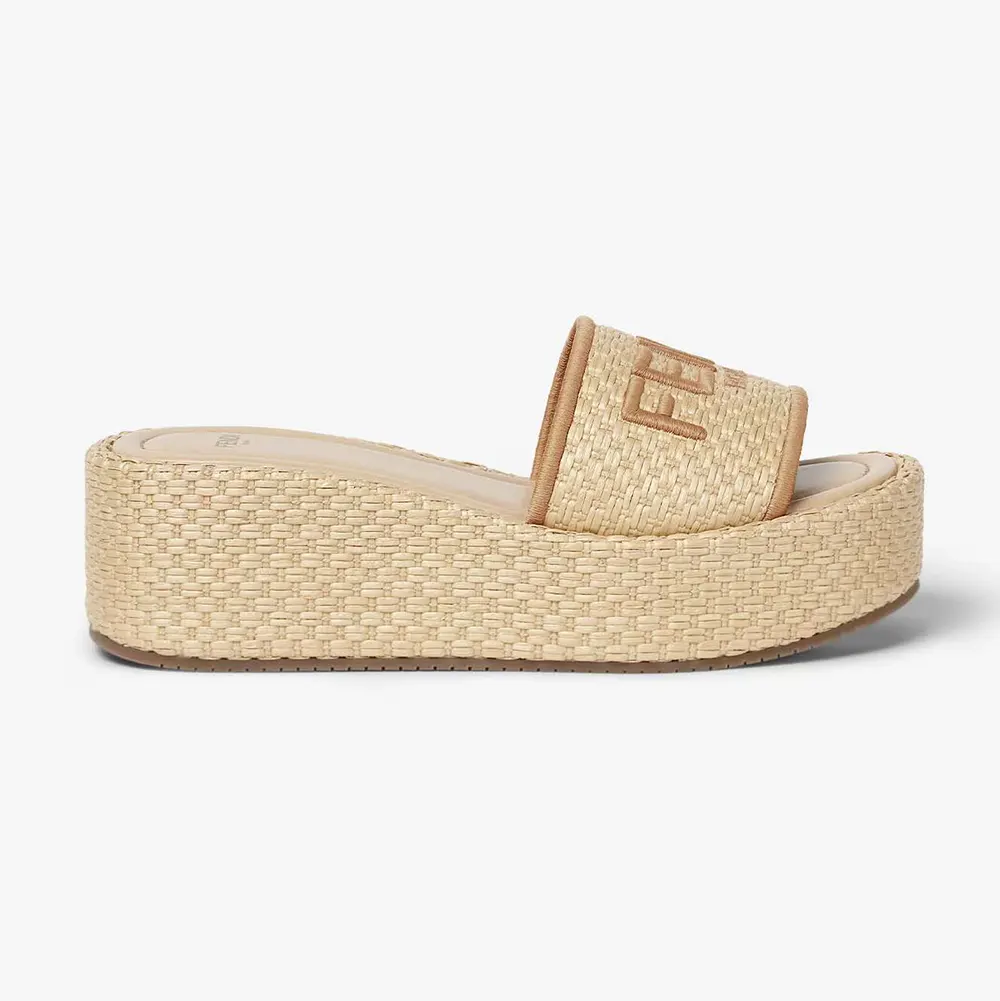 Fendi Women Fendi Sunshine Beige Raffia Flatform Slides 8R8515AU