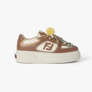Fendi Women Match Brown Leather Platform Low-Tops With Charm