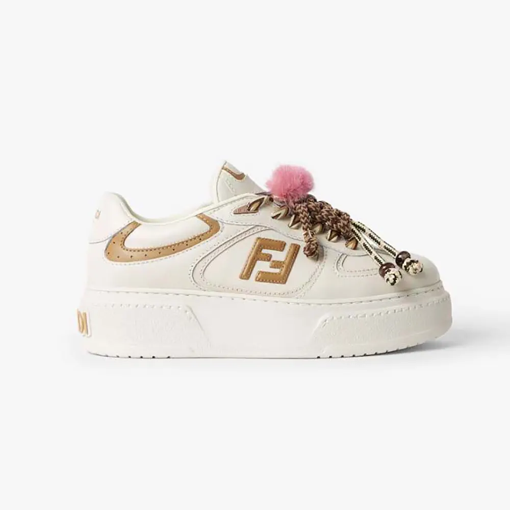 Fendi Women Match Low Top Platform Shoes In White Leather With Charm