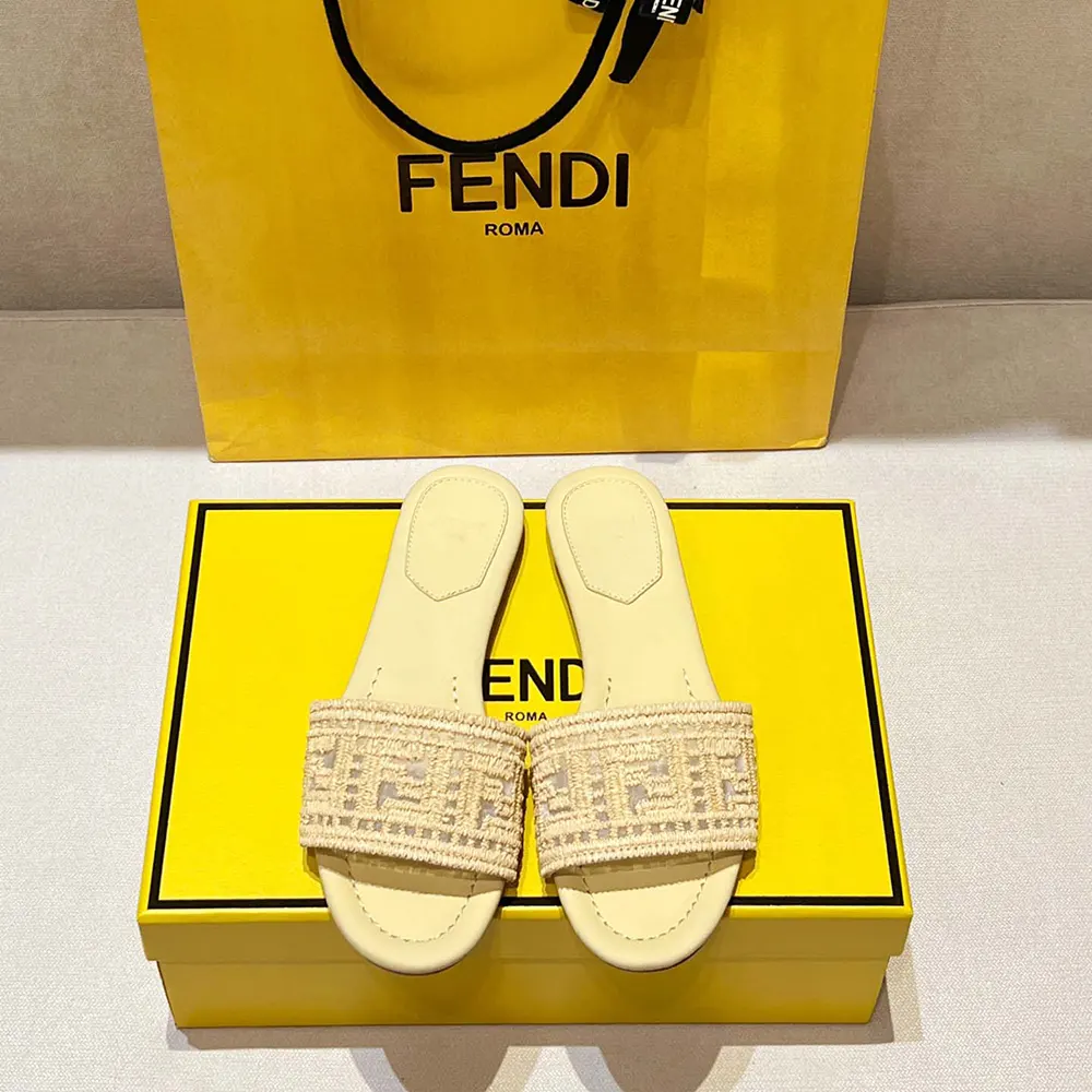 Fendi Women Sunshine Mesh Slides with Raffia FF Embroidery