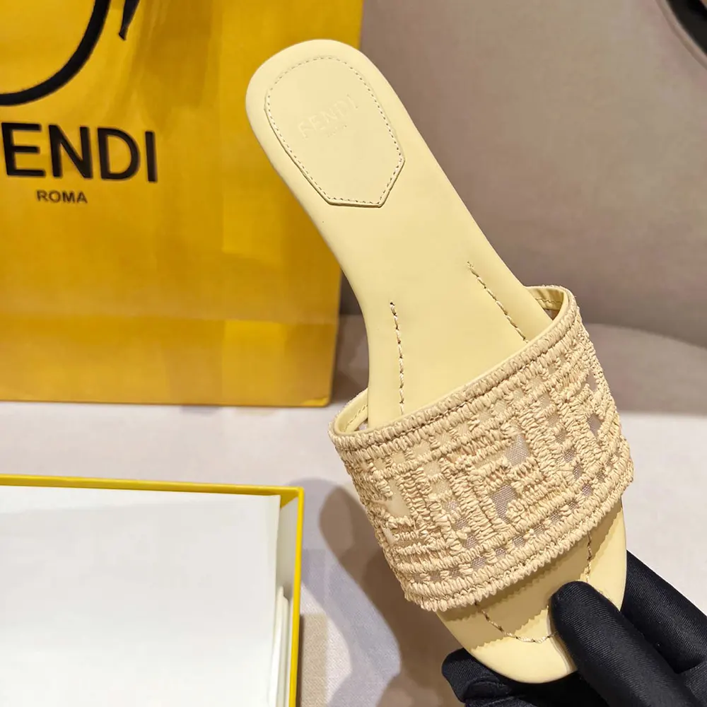 Fendi Women Sunshine Mesh Slides with Raffia FF Embroidery