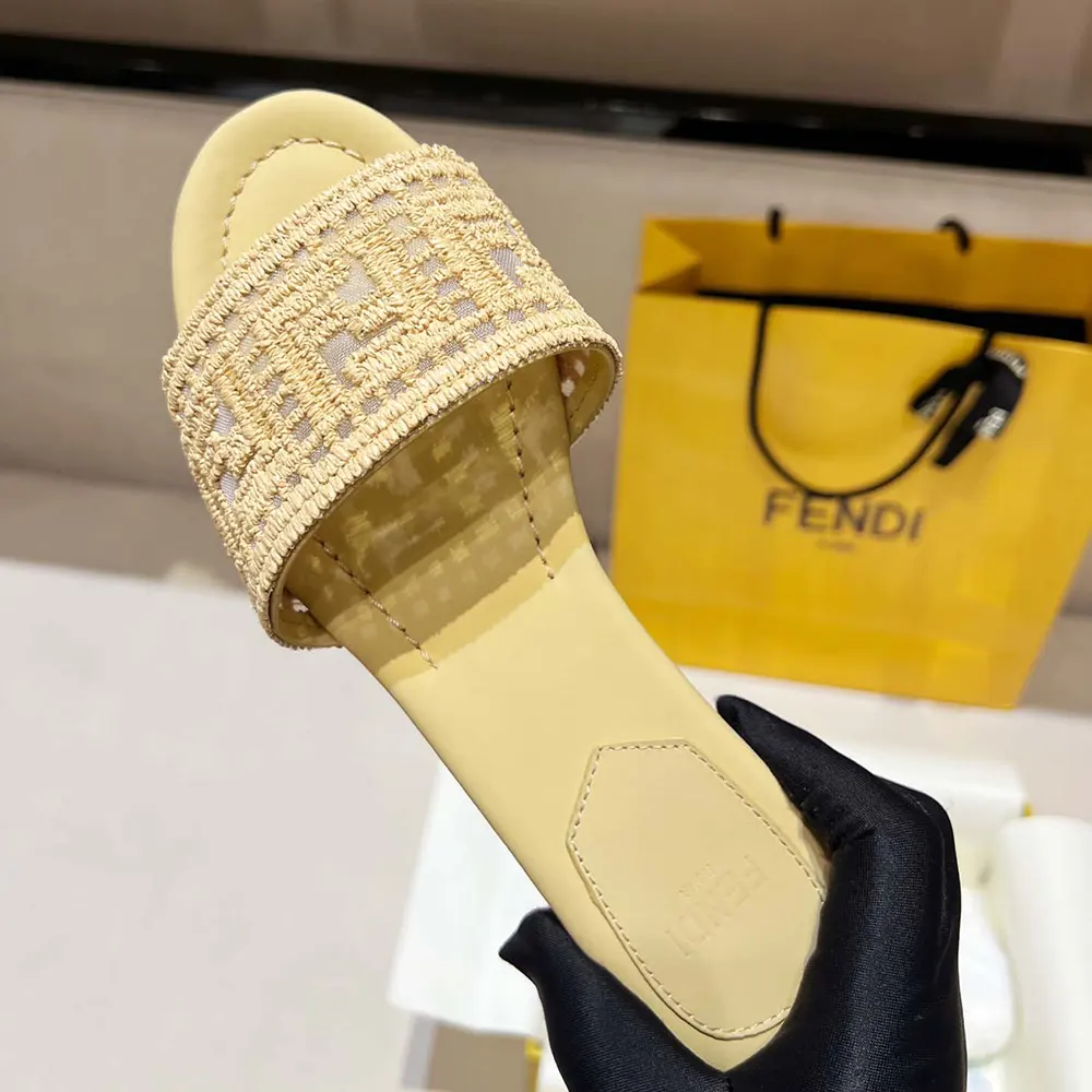 Fendi Women Sunshine Mesh Slides with Raffia FF Embroidery