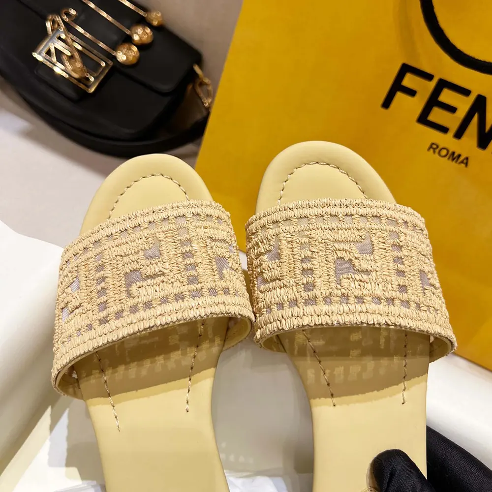 Fendi Women Sunshine Mesh Slides with Raffia FF Embroidery
