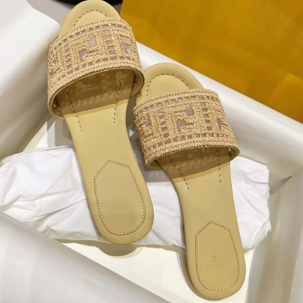 Fendi Women Sunshine Mesh Slides with Raffia FF Embroidery