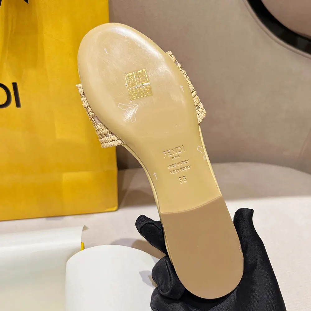 Fendi Women Sunshine Mesh Slides with Raffia FF Embroidery