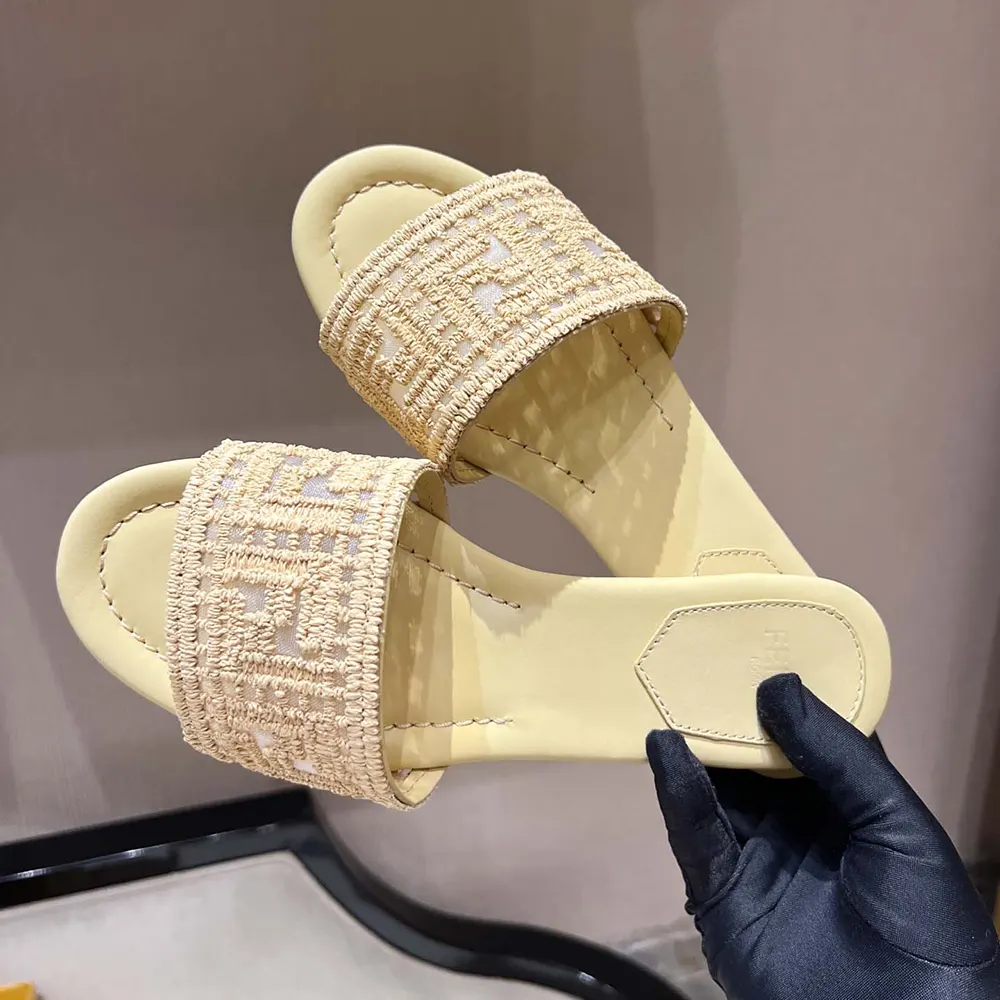 Fendi Women Sunshine Mesh Slides with Raffia FF Embroidery