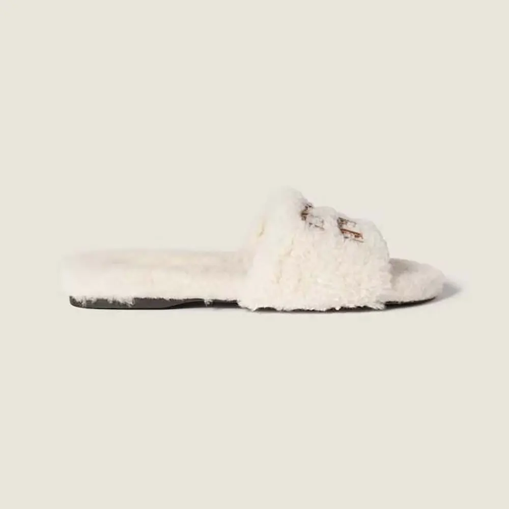 Miu Miu Women Shearling Slides with Leather Logo 5XX664173F0018