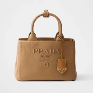 Prada Women Jardinière Small Cotton Canvas Handbag-Brown