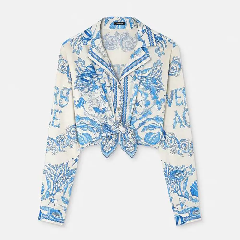 Versace Women Underwater Barocco Knotted Crop Cotton Shirt 1020307