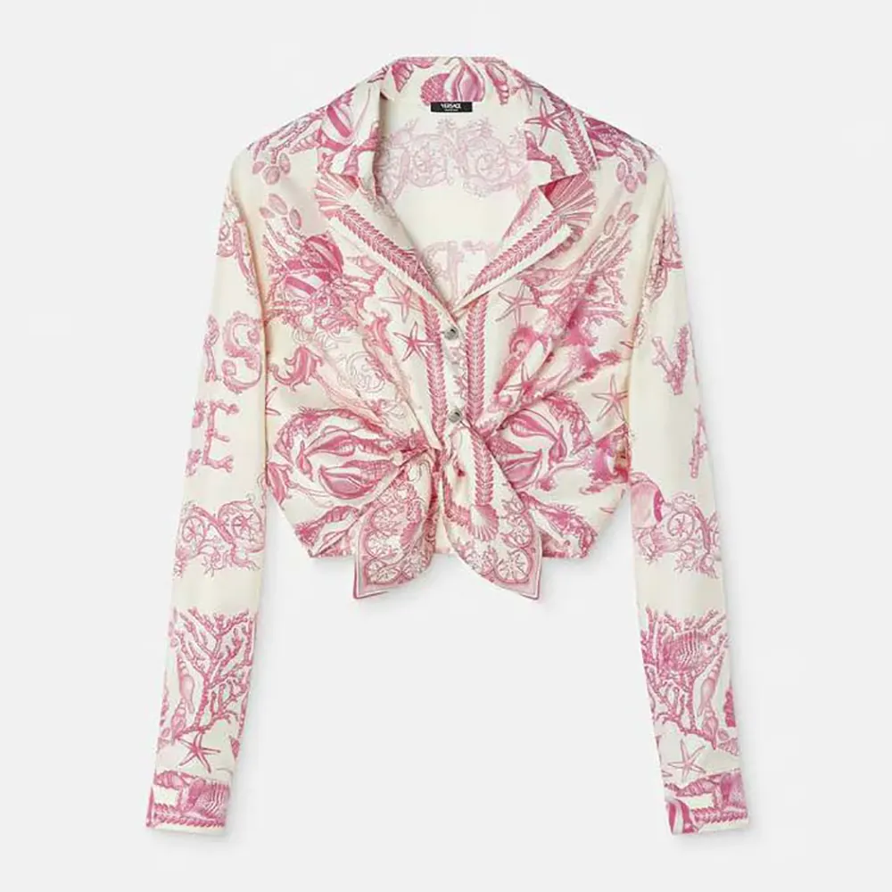 Versace Women Underwater Barocco Knotted Crop Silk Shirt 1020307