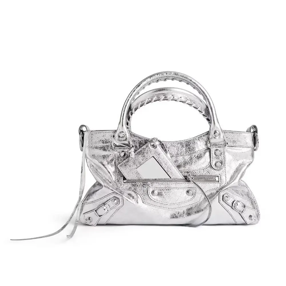 Balenciaga Women Le City First Bag In Silver Metallized Arena Lambskin