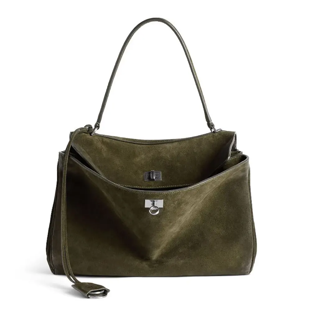 Balenciaga Women Rodeo Handbag Medium In Khaki Waxed Suede Calfskin And Smooth Calfskin