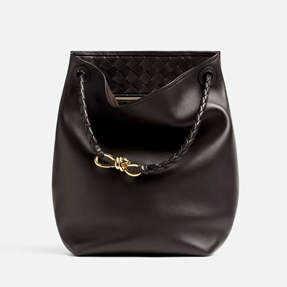 Bottega Veneta Women Andiamo Bucket in Silky Calf Leather-Chocolate 844169V