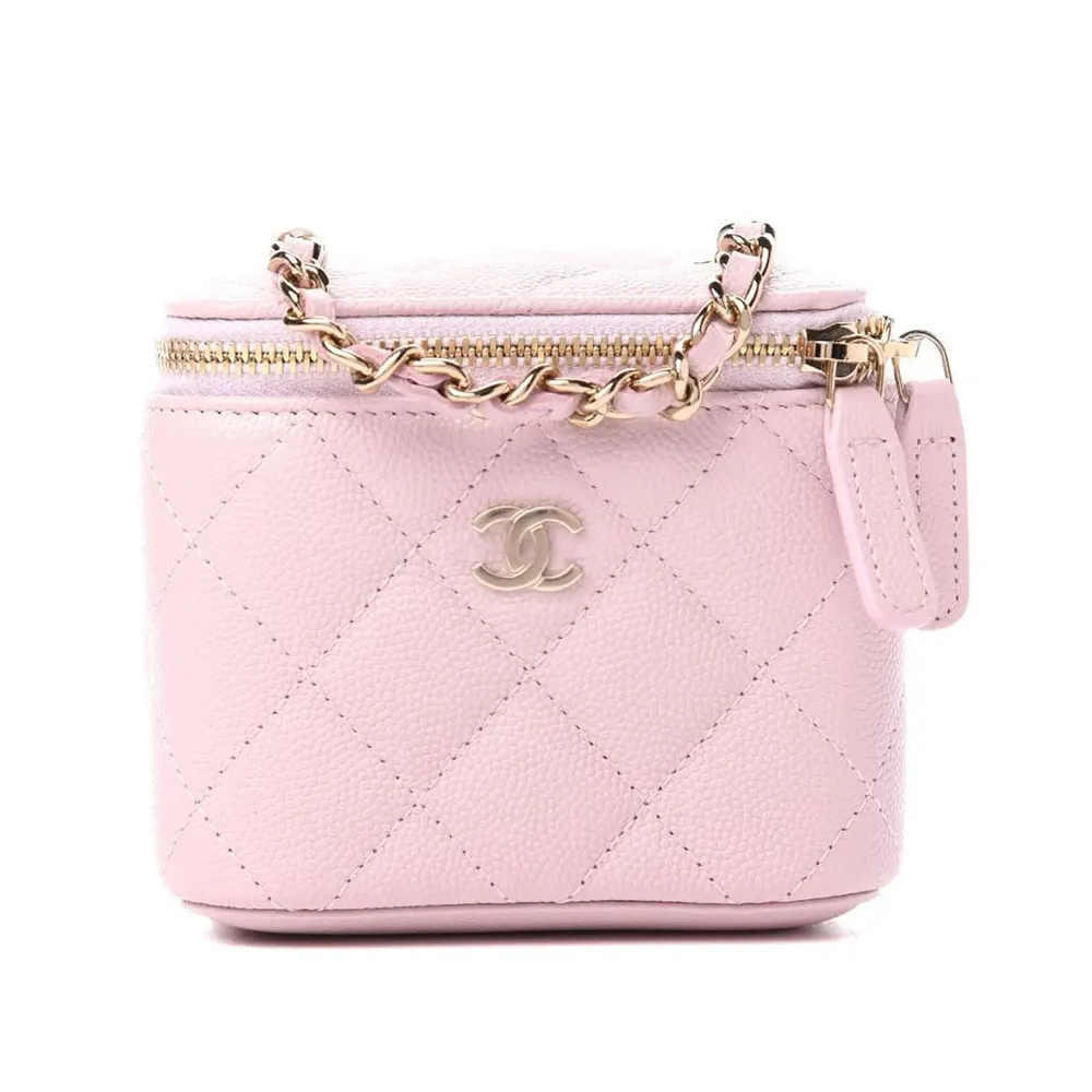 Chanel Women Caviar Quilted Mini Vanity Case With Chain Light Pink