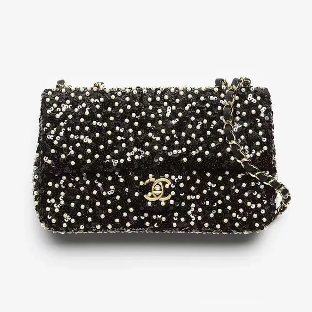 Chanel Women Evening Bag Sequins Imitation Pearls & Gold-Tone Metal-Black