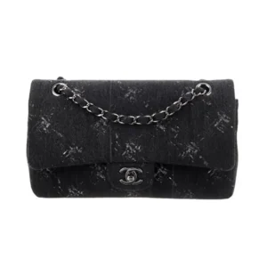 Chanel Women Medium Classic Black Bleached Chain Printed Denim Flap Bag