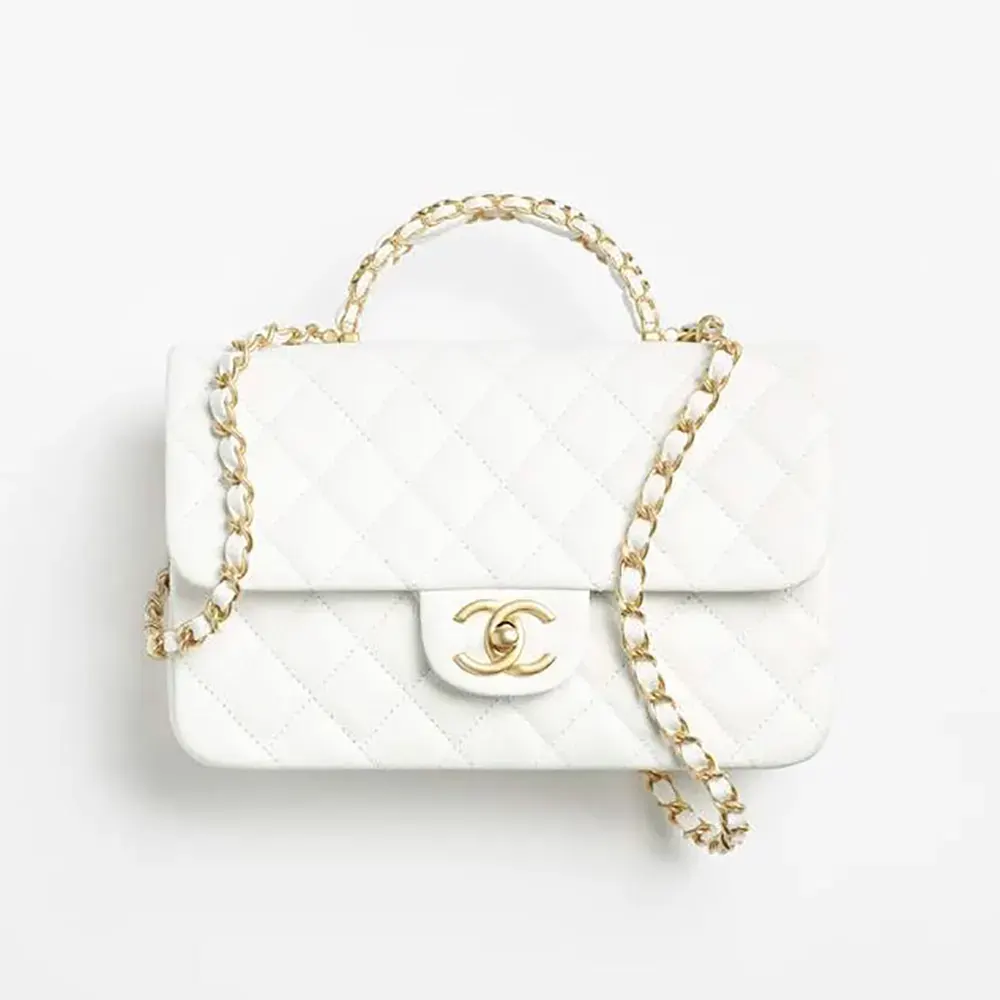 Chanel Women Small Flap Bag with Top Handle Grained Shiny Calfskin Gold Tone Metal