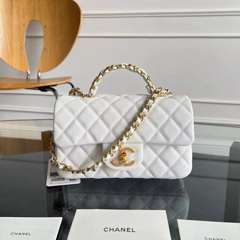 Chanel Women Small Flap Bag with Top Handle Grained Shiny Calfskin Gold Tone Metal
