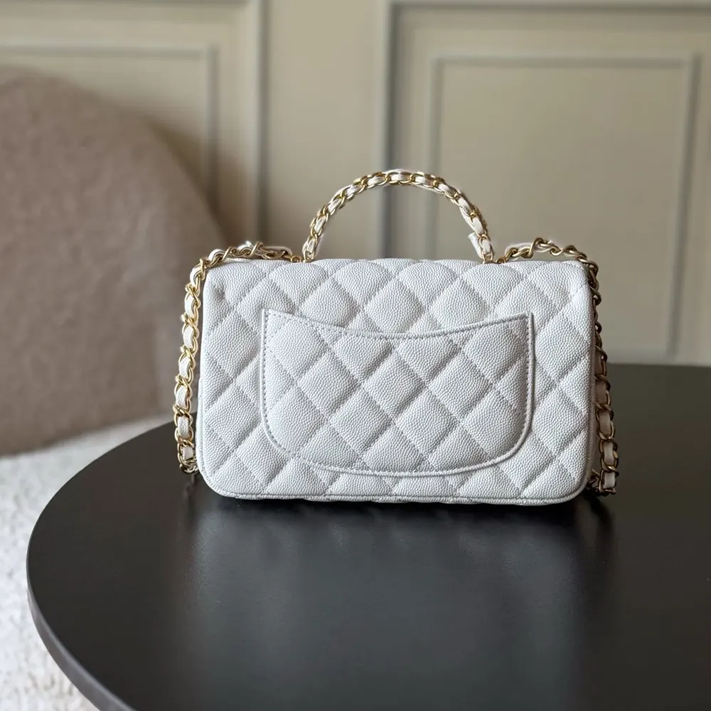 Chanel Women Small Flap Bag with Top Handle Grained Shiny Calfskin Gold Tone Metal