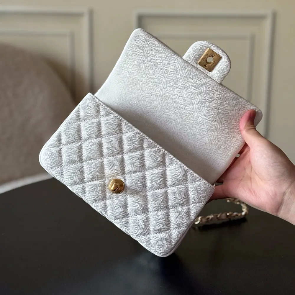 Chanel Women Small Flap Bag with Top Handle Grained Shiny Calfskin Gold Tone Metal