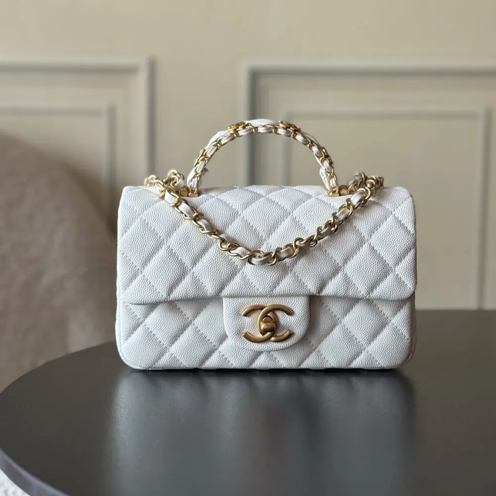 Chanel Women Small Flap Bag with Top Handle Grained Shiny Calfskin Gold Tone Metal