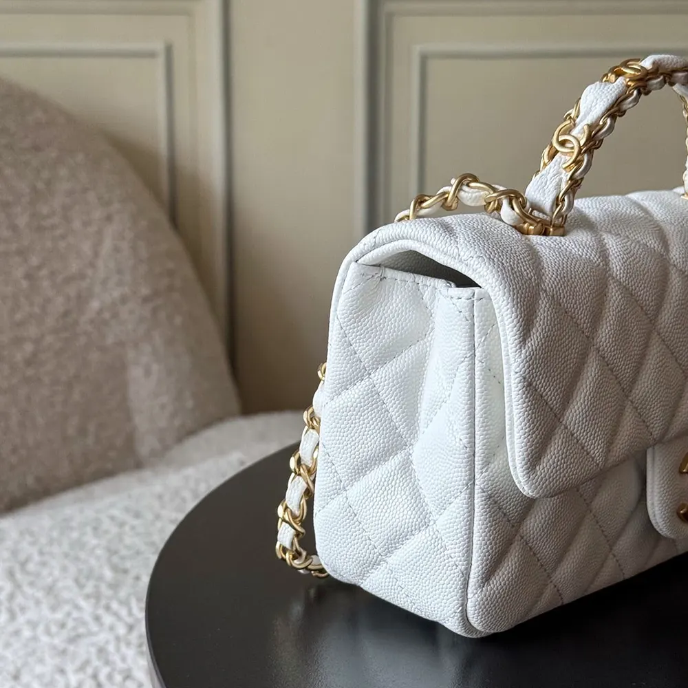 Chanel Women Small Flap Bag with Top Handle Grained Shiny Calfskin Gold Tone Metal