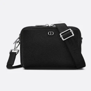 Dior Men CD Icon Zipped Pouch with Strap Black Grained Calfskin